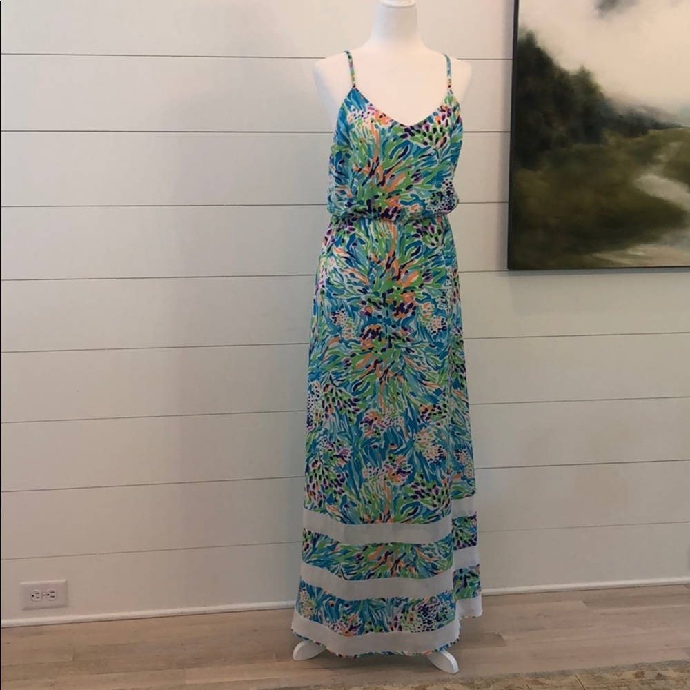 Lilly Pulitzer Blue Green Pink Tropical Print Maxi Dress